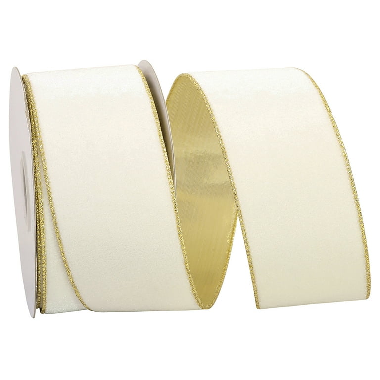 Wide Ribbon Cream Gold Two Tones Satin Wired, Design Cream Satin Color  Sheer Metallic Gold Wired, Cream Satin Sheer 2.5 X 20 Yards 