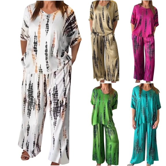 Hrsba Cute 2 Piece Outfits for Women,Plus Size Fashion Solid Color Short Sleeve Top and Wide Leg Pants Casual Summer Outfit