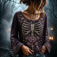 thumbnail image 2 of Womens Halloween Shirt, Floral Skeleton Ribcage Print Bell Sleeve Gothic Blouse, Spooky Season Halloween Costume Top for Women, 2 of 7