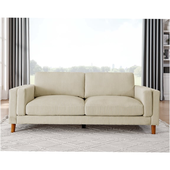 JERFIT 3-Seater Corduroy Sofa with Wood Legs, Modern Square Arm Upholstered Couch for Living Room, Beige
