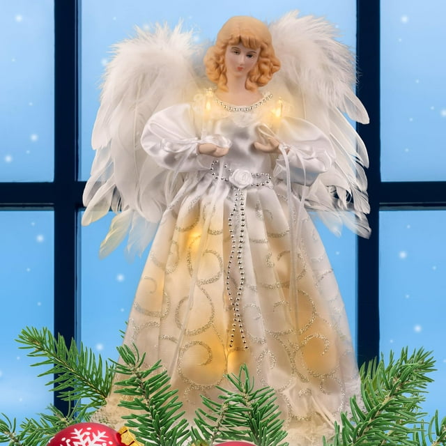 Decoración para árbol de Navidad Rcrirth Diseño de ángel blanco con luces 32 cm
