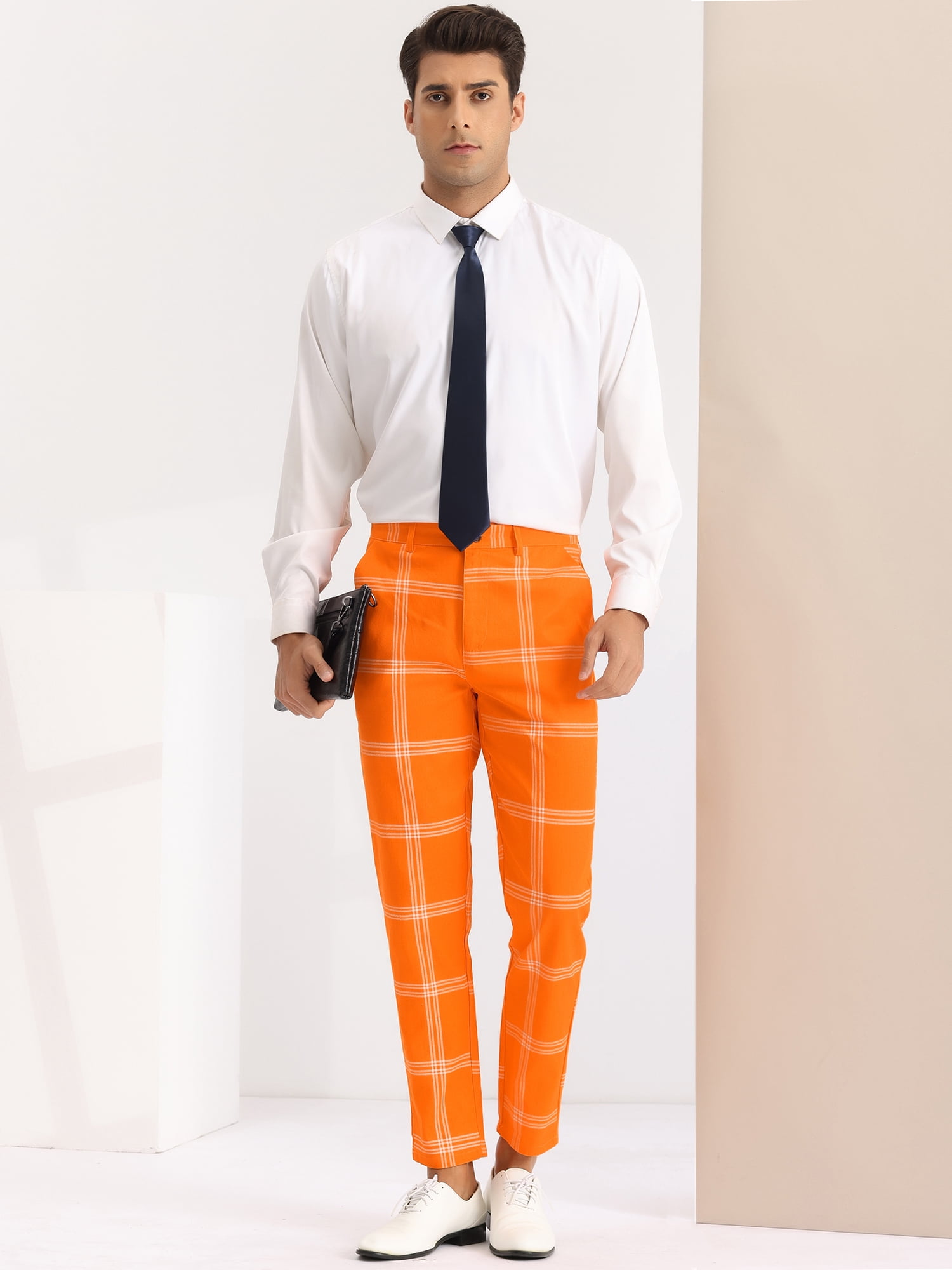 Unique Bargains Men's Business Plaid Pants Casual Slim Fit Flat Front Checked Trousers 32 Orange