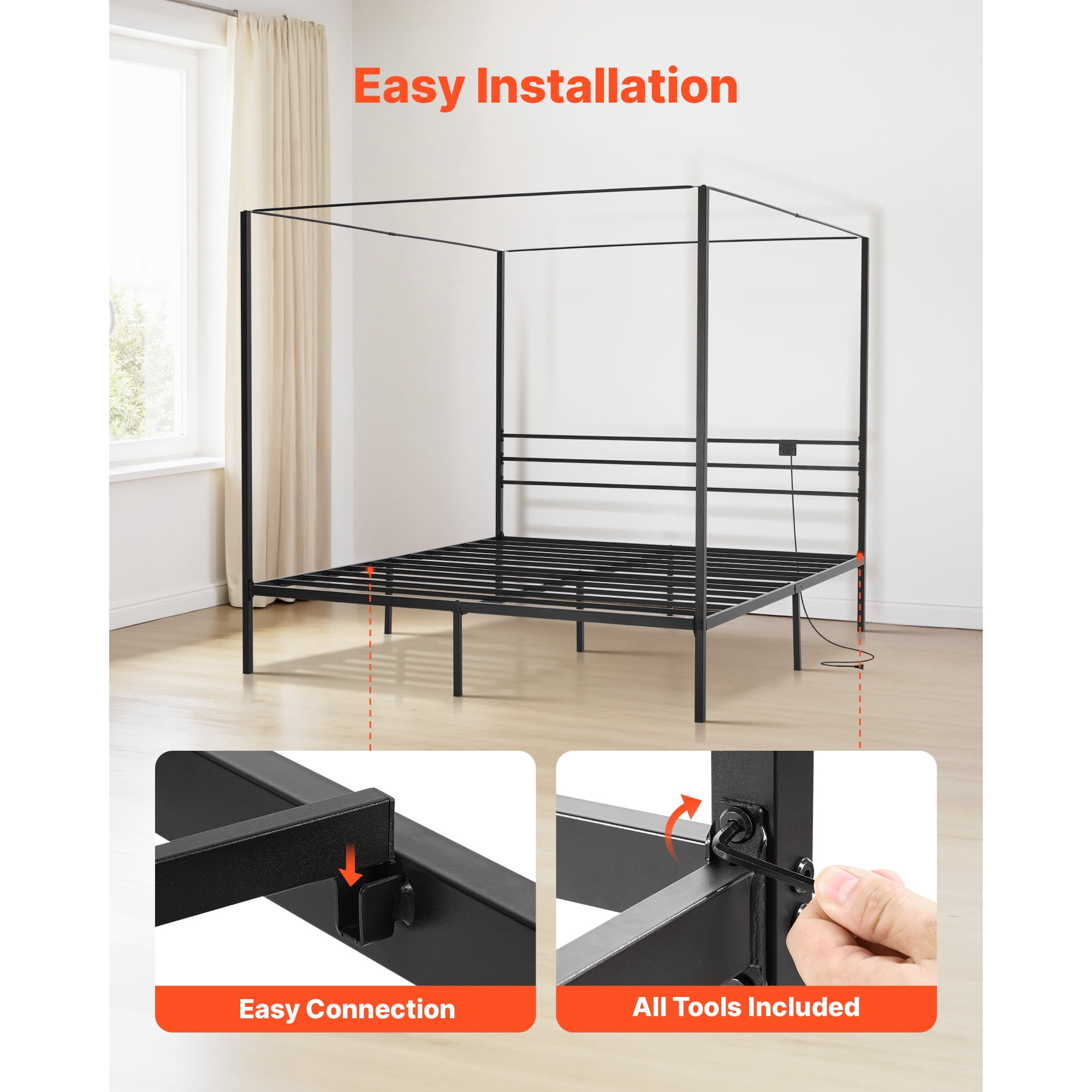KFFKFF King Size Metal Canopy Bed Frame with Charging Station, Four-Post Design, Durable Steel Slats, Underbed Storage, No Box Spring Required, Simple Assembly, Black