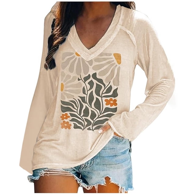 HUITKMM Chemises pour Femmes Mode Décontractée Col en V Imprimé Manches Longues T-Shirt1
