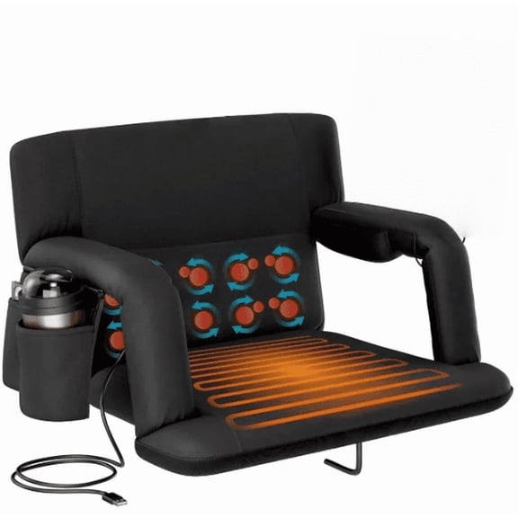 Heated Massage Reclining Stadium Seat for Bleachers with Back Support 6-Position Recline Waterproof Portable Outdoor Chair with Storage Pockets for Sports Camping Beach