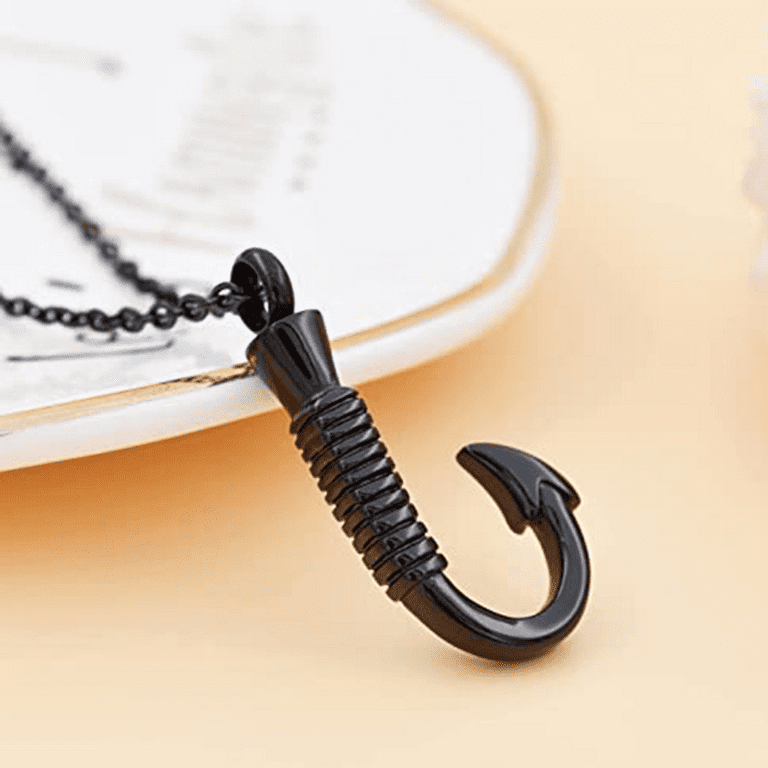 AVEKI Fish Hook Memorial Ash Urn Necklace Stainless Steel Cremation Jewelry  for Mom & Dad, Fish Pendant & in Loving Memory, Black