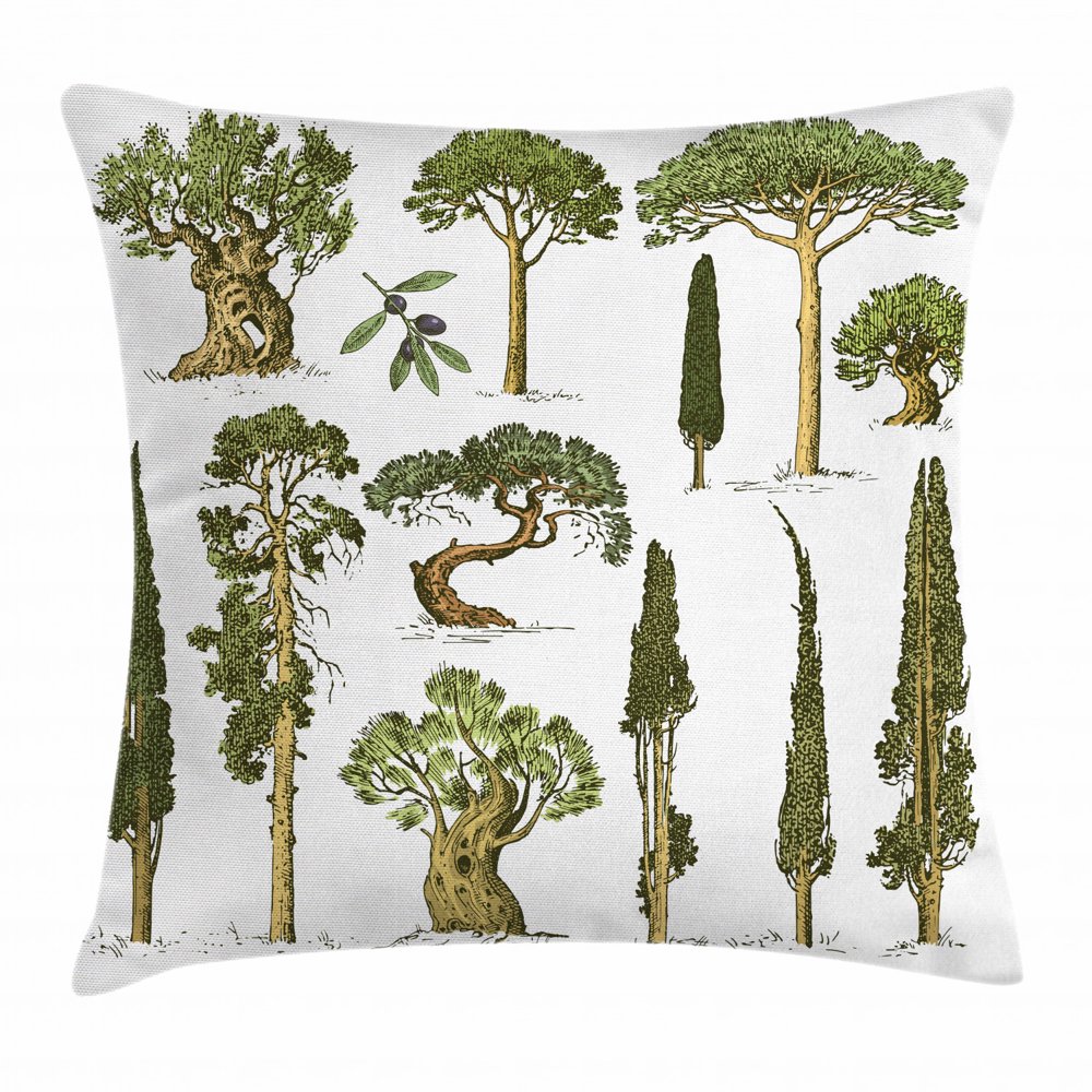 Tree Throw Pillow Cushion Cover, Hand Drawn Trees Pine Olive Cypress