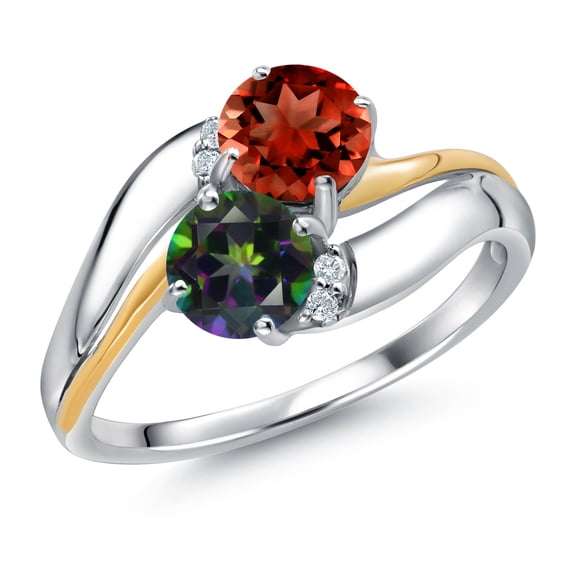 Gem Stone King 925 Sterling Silver and 10K Yellow Gold Green Mystic Topaz Red Garnet 5MM Round 2 Stone and White Lab Grown Diamond Accent Ring for Women (1.58 Cttw, Gemstone Birthstone, Size 6)