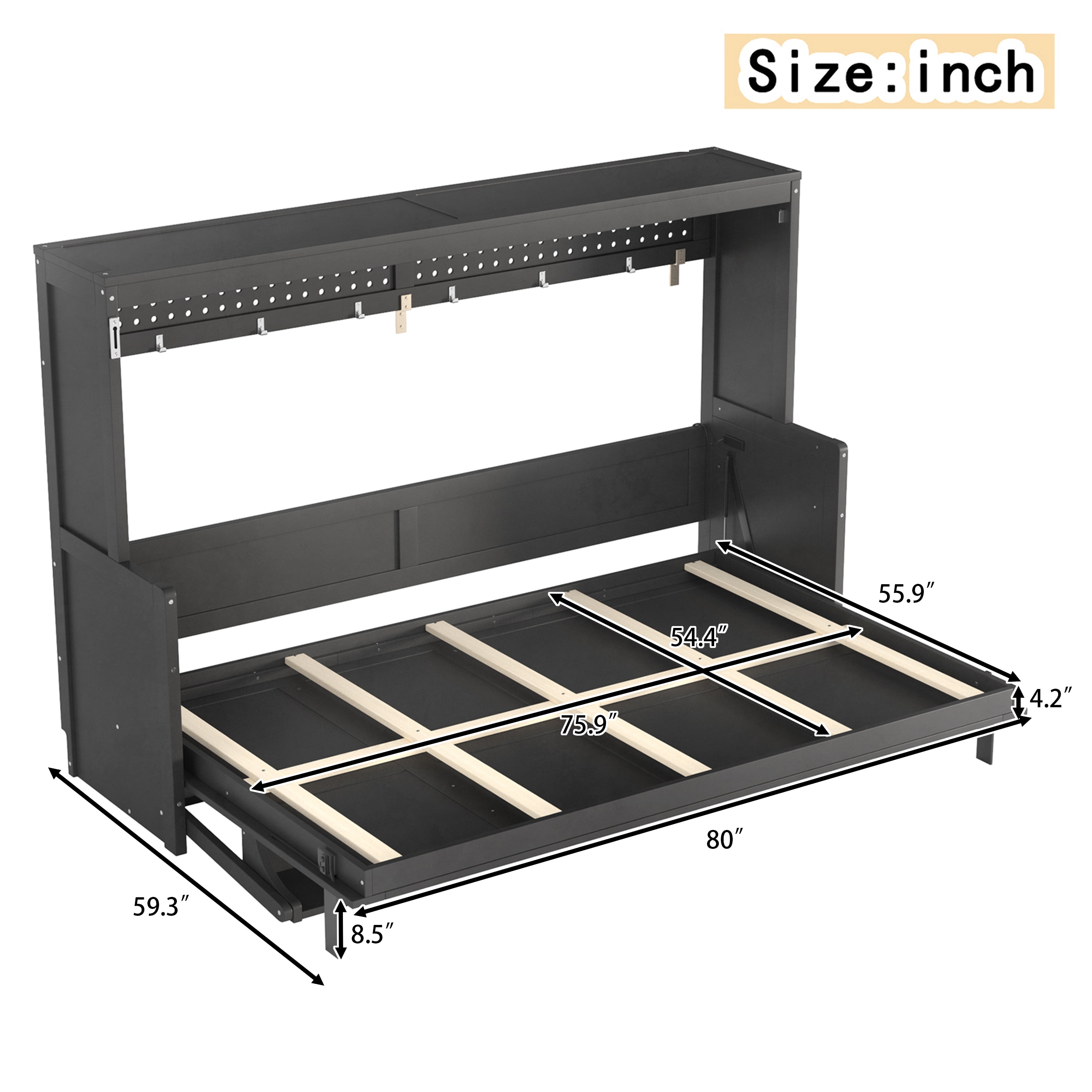 Mintazer Full Murphy Bed with Desk & Pegboard Storage, Farmhouse Foldable Bed with Charging Station & LED Lighting for Bedroom Guest Room, Dark Gray