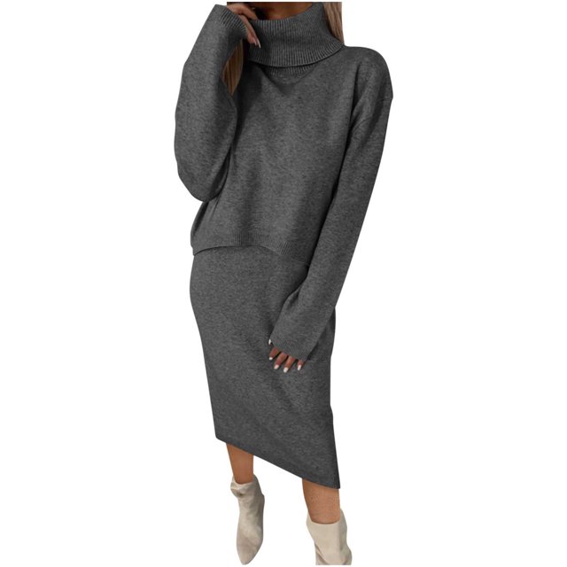 Timegard 2 Piece Knitted Outfits for Women High Neck Long Sleeve Pullover Sweater Half Skirts Casual Solid Color Sets