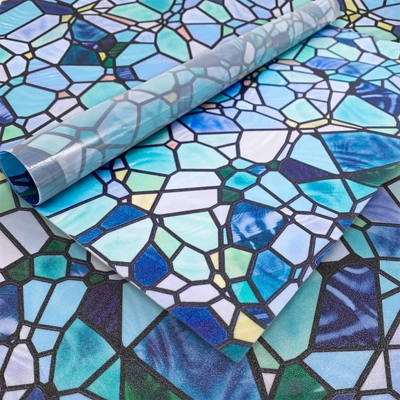 45x180CM Blue Cobblestones Stained Glass Window Films Privacy Window Decoration Stickers Waterproof Sticker with Pattern