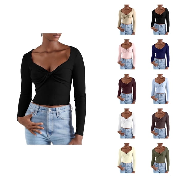 Fall Shirts for Women 2025 Solid Color Knot Front V-Neck Slim Fit Cropped Going Out Tops Long Sleeve Shirts for Women