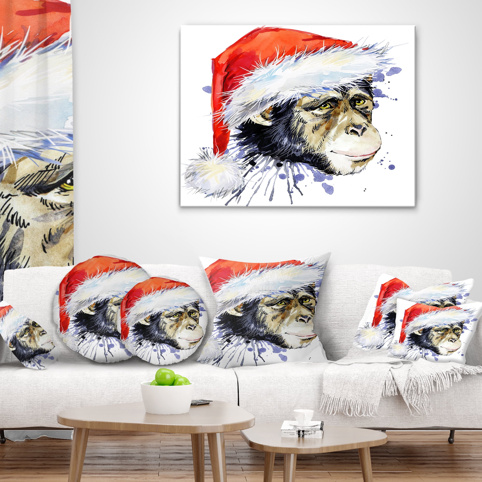 Designart Monkey Santa Clause - Animal Throw Pillow - 18x18