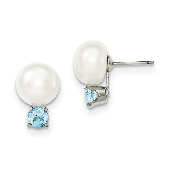 Primal Silver Sterling Silver 10-11mm Freshwater Cultured Button Pearl with Blue Topaz Earrings