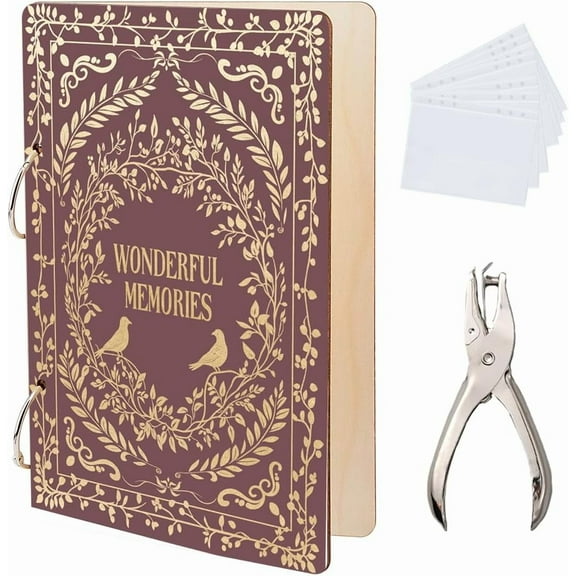 Wonderful Memories Greeting Card Organizer Vintage Patterns Greeting Card Binder Wooden Cards Keeper Binder 2-Rings Post Cards Album for Birthday Wedding Holiday with Punch and 20 Pockets