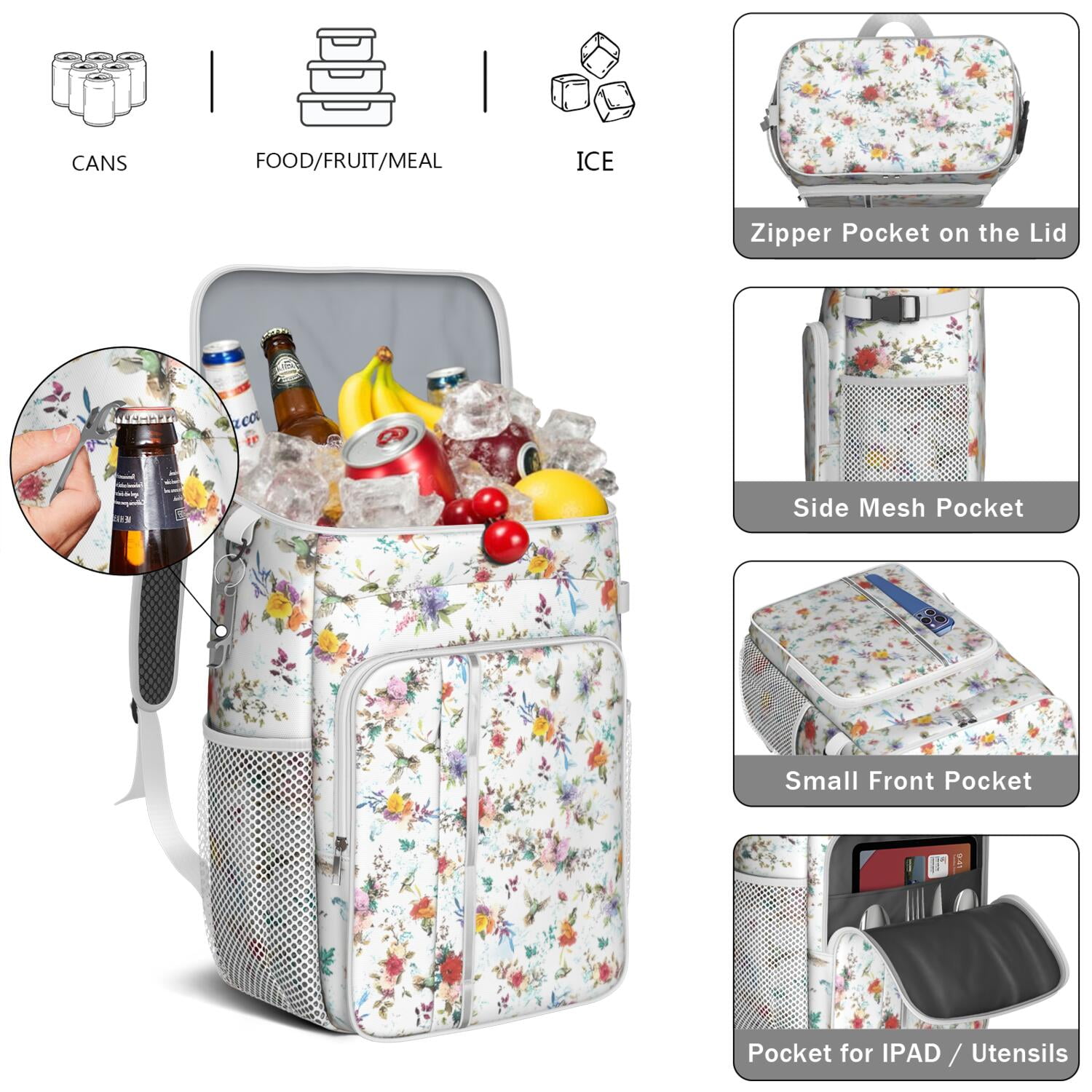 Travel Cooler Bag - Pioneer Flower Floral Print Pattern Camping Beer Cooler Backpack with Bottle Opener- Waterproof Insulated Picnic Backpacks - Cooler Bag for Beach