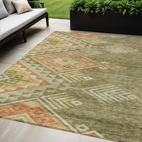HomeRoots 603540 5 x 8 ft. Green & Terra Cotta Southwestern Washable Indoor & Outdoor Rectangle Area Rug