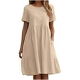 thumbnail image 1 of Meichang Robes en Coton et Lin pour Femmes à Manches Courtes, Col Ras du Cou, Robes à Étages, Unies, Coupe Ample, Mini Robes, Robes Fluides d'Été, Robes Décontractées de Travail avec Poches, Kaki G, 1 of 5