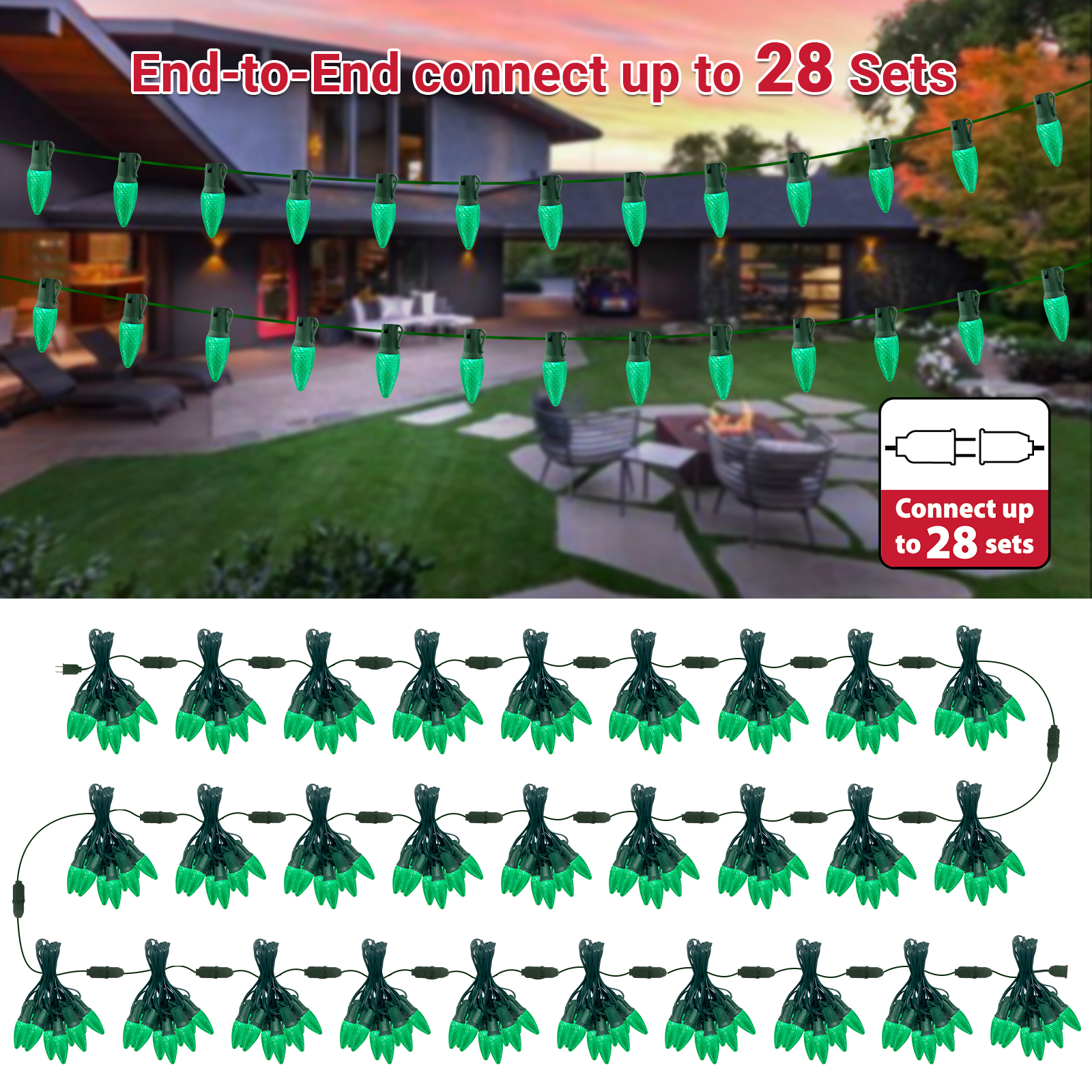 LAMPHOME Green C9 Christmas String Light Outdoor, 25FT Shatterproof LED for House Rooflines & Pathways, Connectable Waterproof Vintage Christmas Light for Tree, Yard, Patio, Porch, Garden
