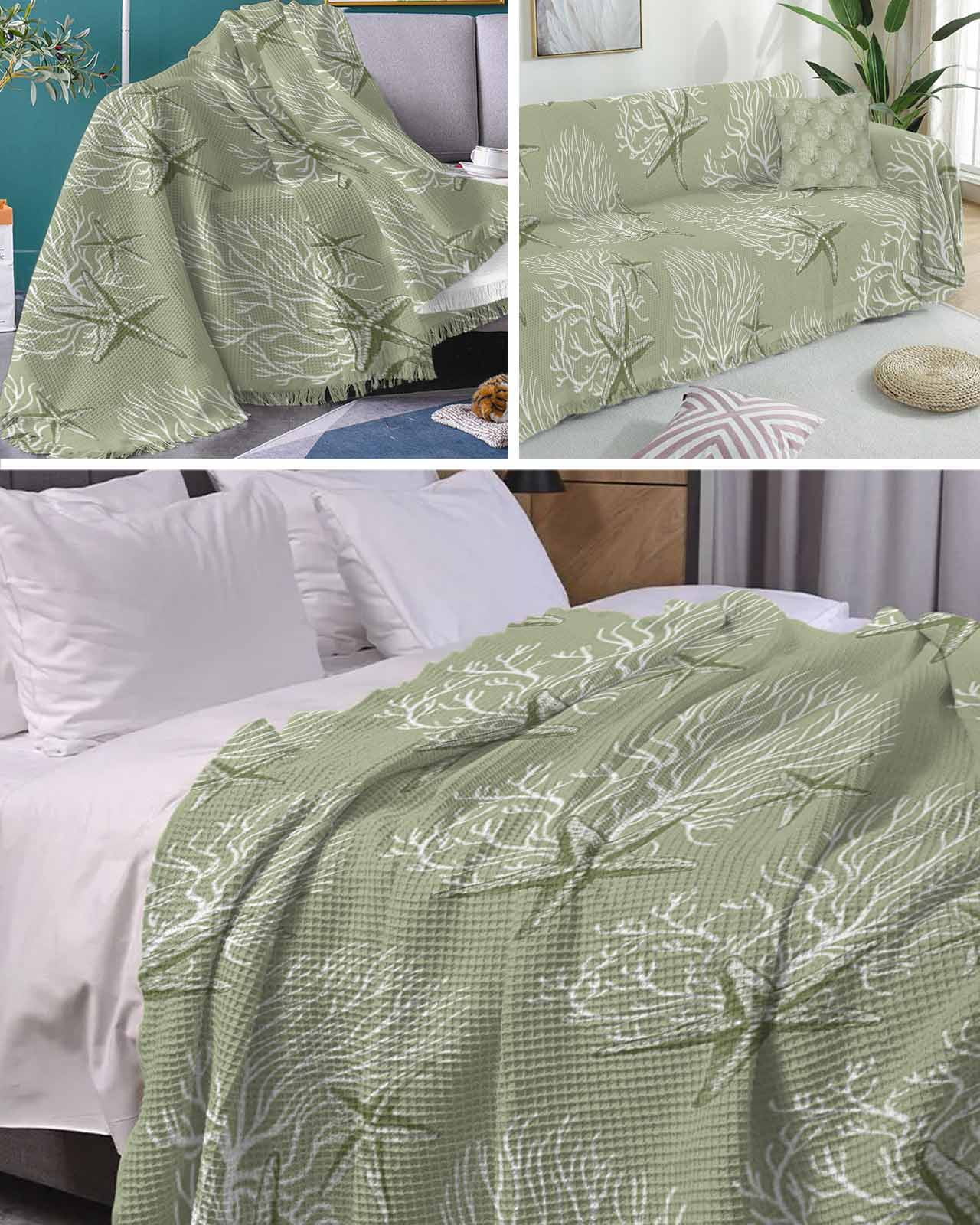 Sage Green Starfish Sofa Covers for 3 Cushion Couch,Washable Sectional & L Shape Couch Covers for Dog/Cat/Kid,Coastal Coral Nautical Summer Sea Non Slip Sofa Slipcover Tassel Futon Cover 71x150