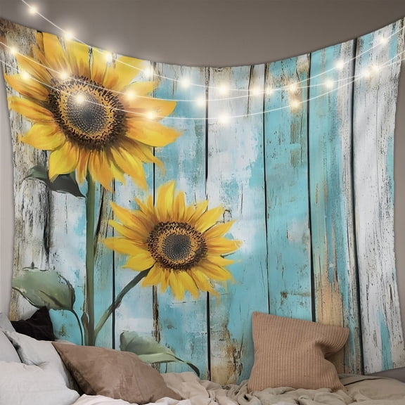 Summer Sunflower Tapestry for Bedroom Wall Hanging Tapestry, Blue Wood Grain Farmhouse Country Ceiling Backdrop Tapestries Poster Blanket Wall Decor for Teens Room Living Room Dorm 55" x 73"