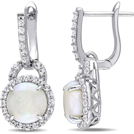 3-1/10 Carat T.G.W. Opal and White Topaz Sterling Silver Halo Earrings