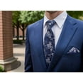 thumbnail image 5 of Floral Mens Necktie Set Navy Blue Silver White Tie Pocket Square Combo Silky Touch Extra Long 63", 5 of 7