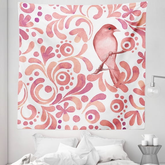 Birds Tapestry, Scrolled Pattern Soft Brushed Watercolor Sparrow Bird on Branch, Fabric Wall Hanging Decor for Bedroom Living Room Dorm, 5 Sizes, Coral Salmon and Peach, by Ambesonne