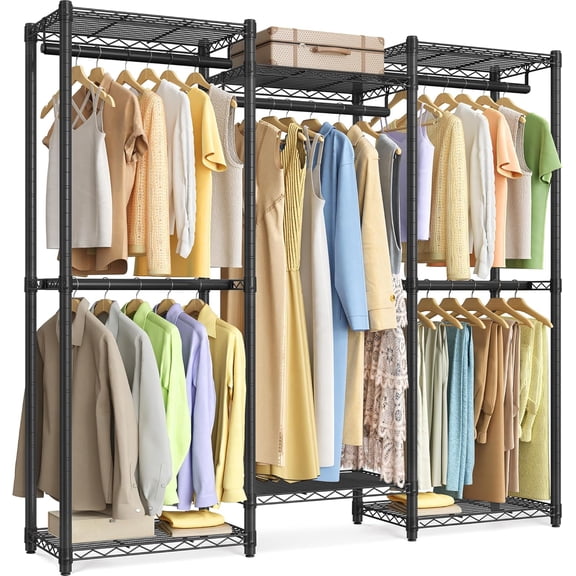 Heavy-Duty Clothes Rack, Garment Rack, Portable Closet, 56.9-Inch Wide Clothing Rack, with Adjustable Mesh Shelves and Hanging Rails, Ink Black ULGR432B01