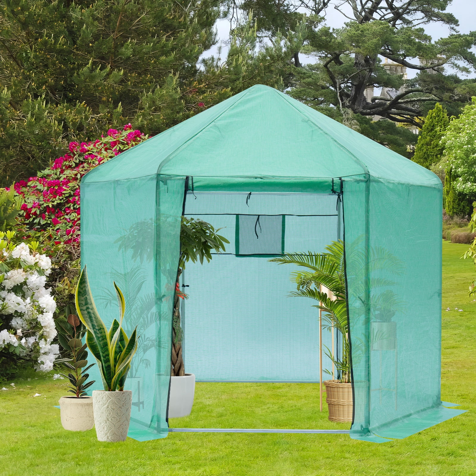 Walk-in Greenhouse Hexagonal Upgrade Reinforced Frame Heavy Duty Plastic Greenhouse Reinforced Thickened Waterproof Insulation(9.2*8.1 ft)