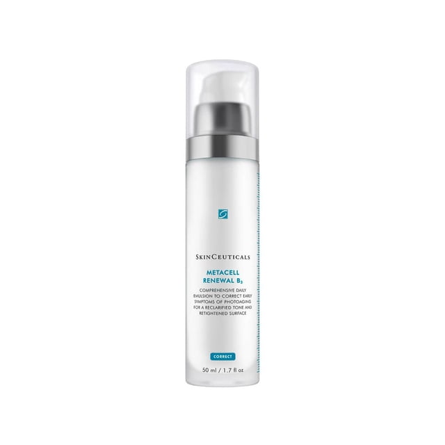 loción meta cell skinceuticals 50 ml niacinamida frasco dispensador frontal, envase cilíndrico blanco con aro plateado y tapa translúcida, etiqueta con logotipo SkinCeuticals y texto azul, indicado para todo tipo de piel; a menudo usado como sérum ligero para mejorar la textura de la piel.