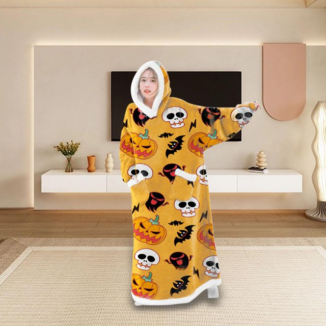 Manta con capucha portátil, sudadera con capucha de gran tamaño, camisón, jersey cálido para descansar, acogedora manta para televisión, manta Calabaza 150cm Yinane Sudadera con capucha tipo manta con capucha usable