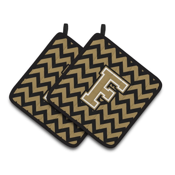 Letter F Chevron Black and Gold Pair of Pot Holders