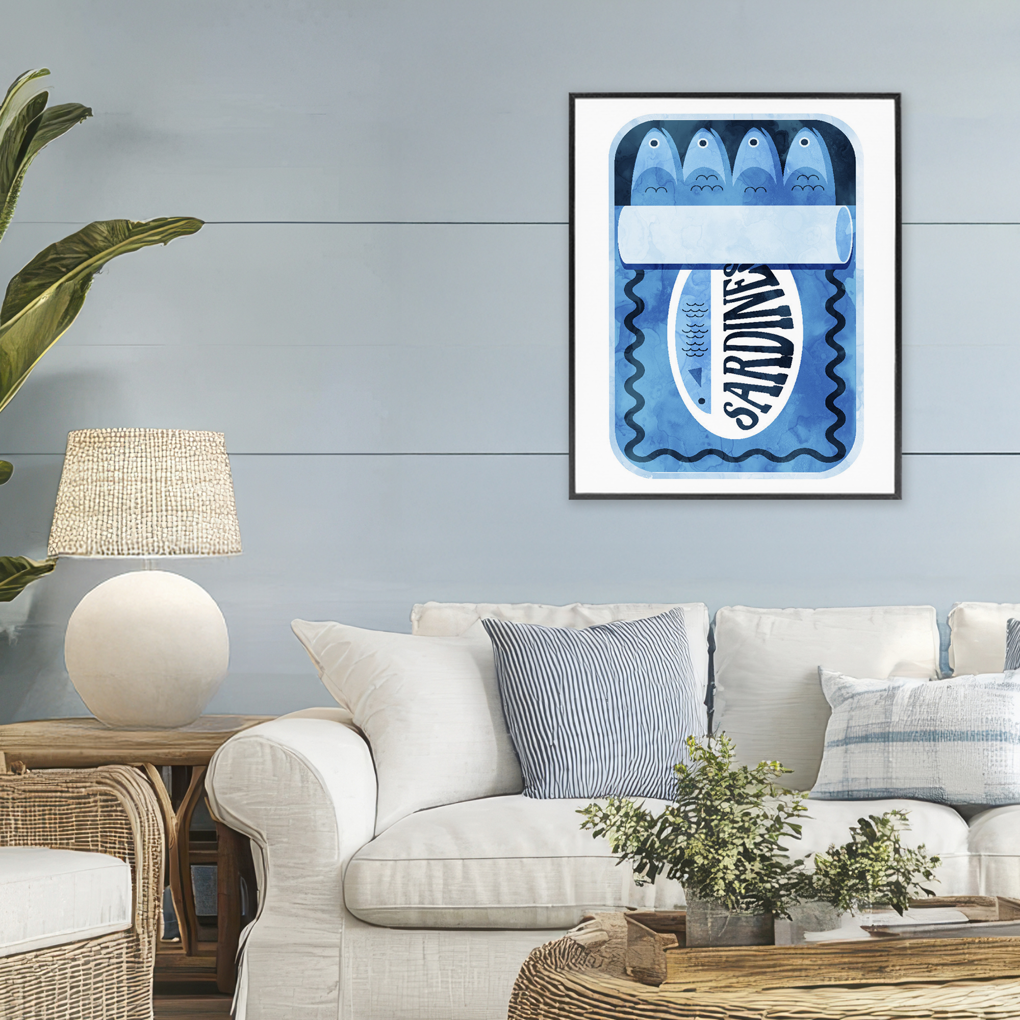 Retro Blue Sardine Tin Black Framed Giclee Art, design by Daphne Polselli