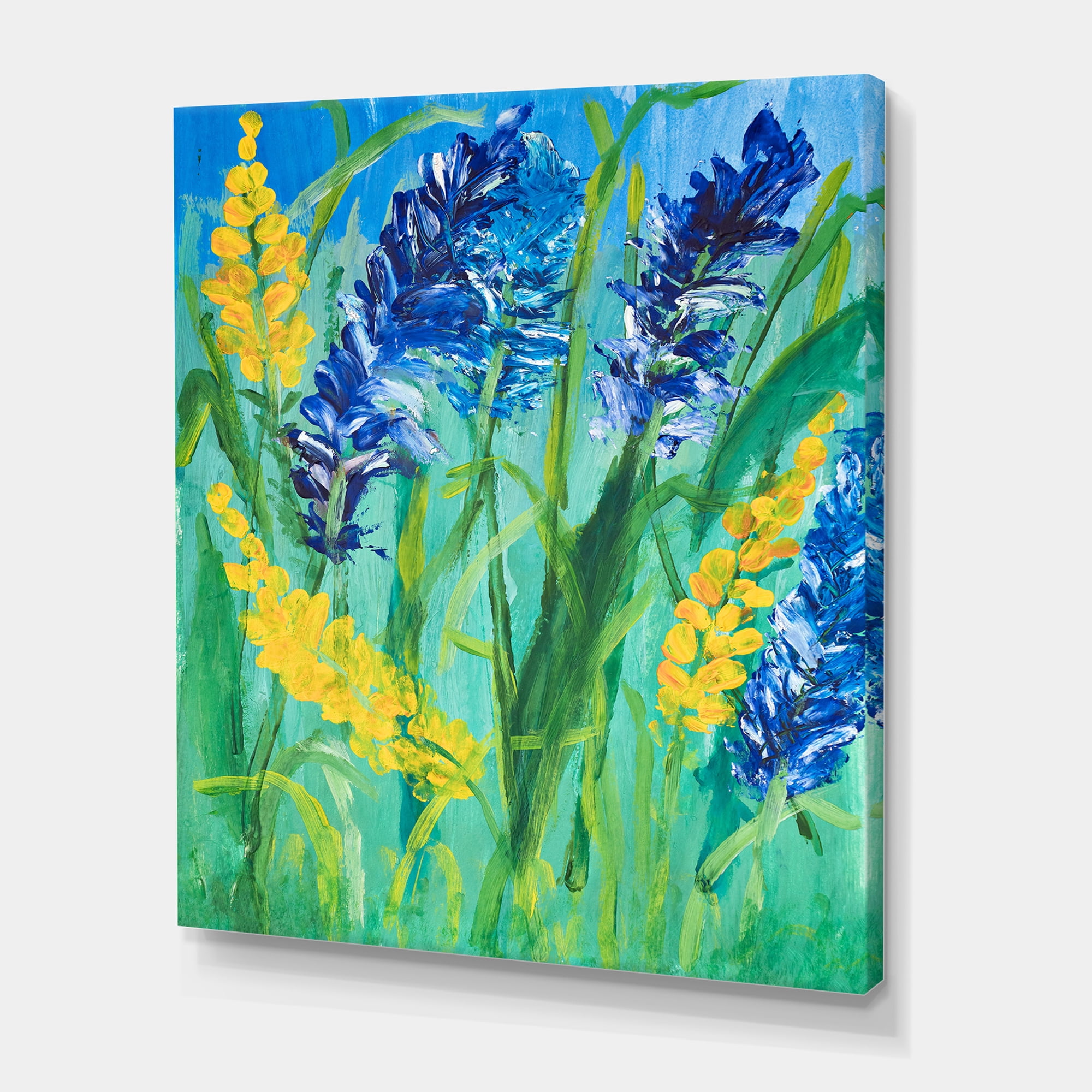 Designart ' Yellow and Blue Wild Flowers and Grass Gouache ' Traditional Canvas Wall Art Print
