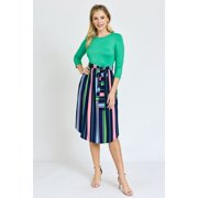 Vivid 3/4 Sleeve Multi Color Stripe Sash Midi Dress | S-3X