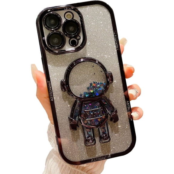 Astronaut Phone Case for iPhone 11,Cute Astronaut Colorful Star Sequin Liquid Quicksand Phone Case Luxury Glitter Bling 6D Electroplated Soft TPU Protector Black