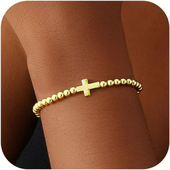 Gold Bracelets for Women 14K Gold Plated Beaded Bracelets Gold Stretch Bead Bracelet Handmade Ball Charm Bracelet Dainty Gold Jewelry Gifts for Women