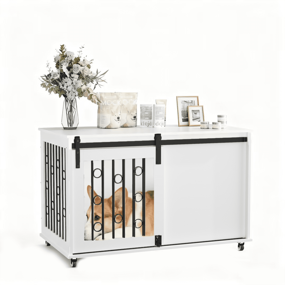 39.37'' Modern Wooden Dog Crate Furniture with Sliding Barn Door and Side Door, Indoor Dog Kennel End Table for Small to Medium Dogs, Decorative Pet Crate with Metal Bars and Lockable Wheels – White