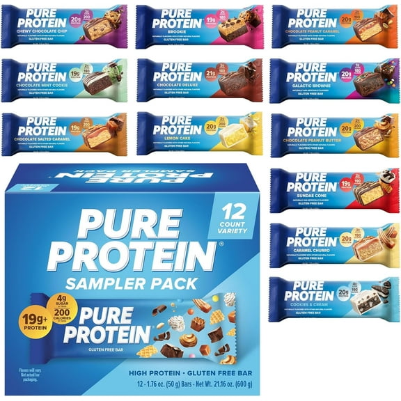Pure Protein Variety Pack - 12 Count Box | 20g High Protein, Gluten-Free, On-the-Go Snack | Ideal Pre & Post-Workout Fuel | Low Sugar, Great Taste!