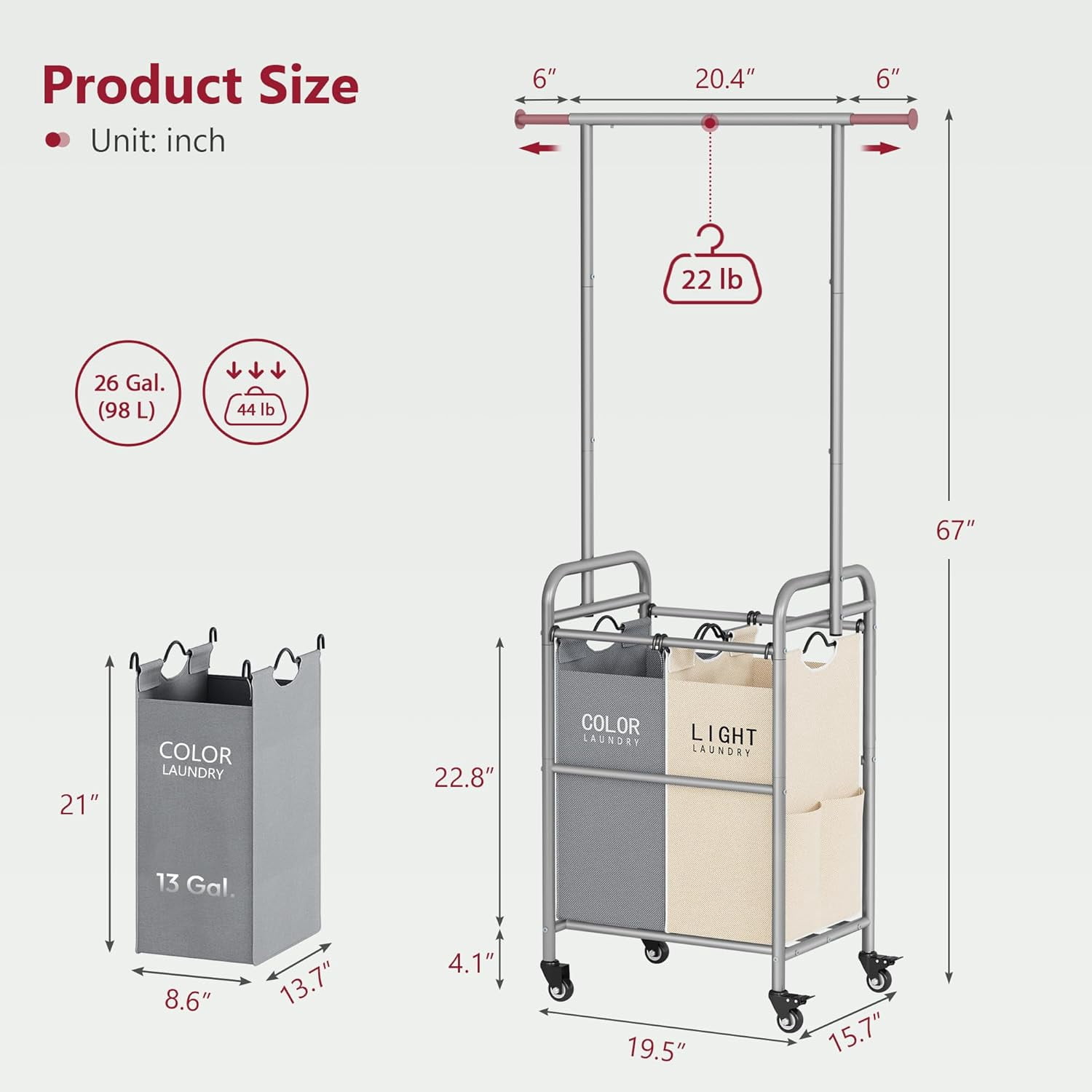 Laundry Sorter with Hanging Rack, 2 Section Rolling Laundry Hamper with Lockable Wheels and Removable Bag
