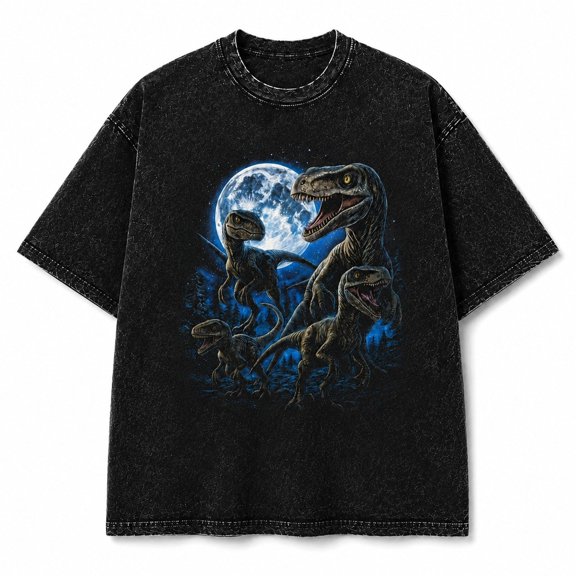 Moonlit Raptor Dinosaur Washed T-Shirt, 100% Heavyweight Cotton, 180 GSM, Unisex Classic Fit, Front Graphic
