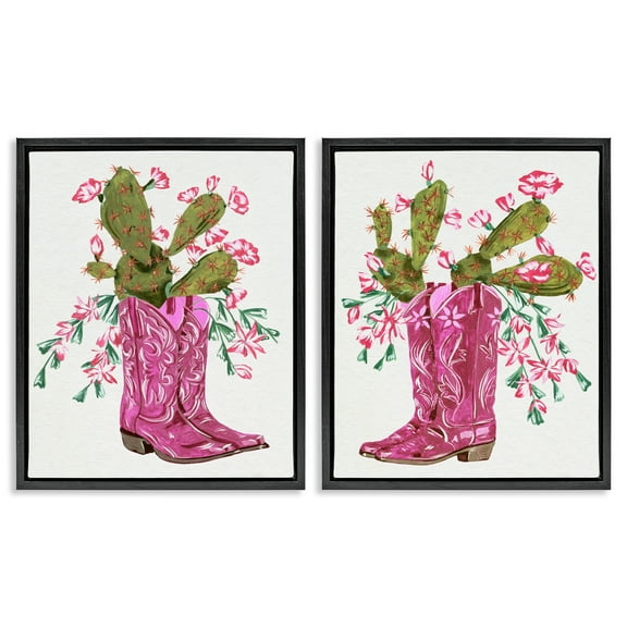 Stupell Industries Cactus in Pink Cowgirl Boots Entertainment Painting Black Floater Framed Canvas Art Print Wall Art, 17 x 21, Set of 2