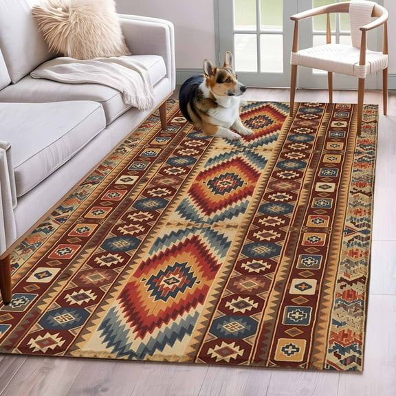 Retro Southwest Area Rug 3x5 Washable Rug Non Slip Boho Aztec Tribal Abstract Geometric Large Area Rug Indoor Floor Carpet for Entryway Bedroom Kitchen Living Room Home Office Dining Room Nursery