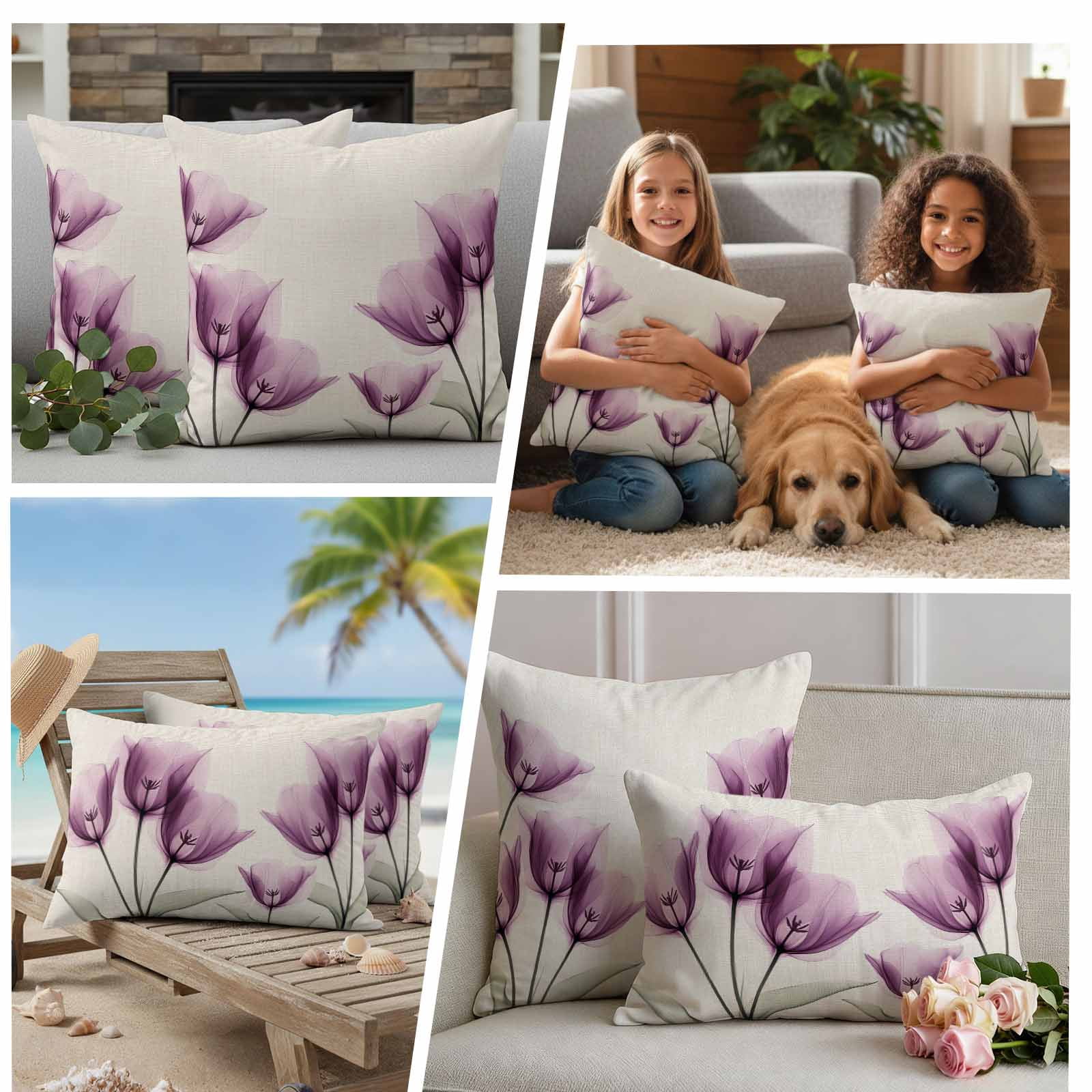 Spring Floral Pillow Covers 2 Pack Watercolor Flowers Purple Tulip Linen Texture Pillowcase Waterproof Outdoor Throw Pillow Cover for Patio Garden Square Cushion 24”x24”
