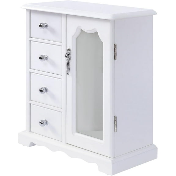Jewelry Box with 4 Drawers Organizer Beautiful Jewelry Organizer Double Door Design Jewelry Case for Necklaces Rings Earrings Bracelets (White)