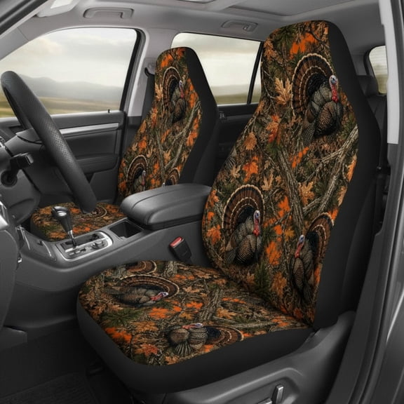 Emacom Ltd _Turkey Hunter Camo Car Seat Covers Set, Forest Woodland Camouflage Auto Seat Protectors, Outdoor Hunting Theme Car Accessories