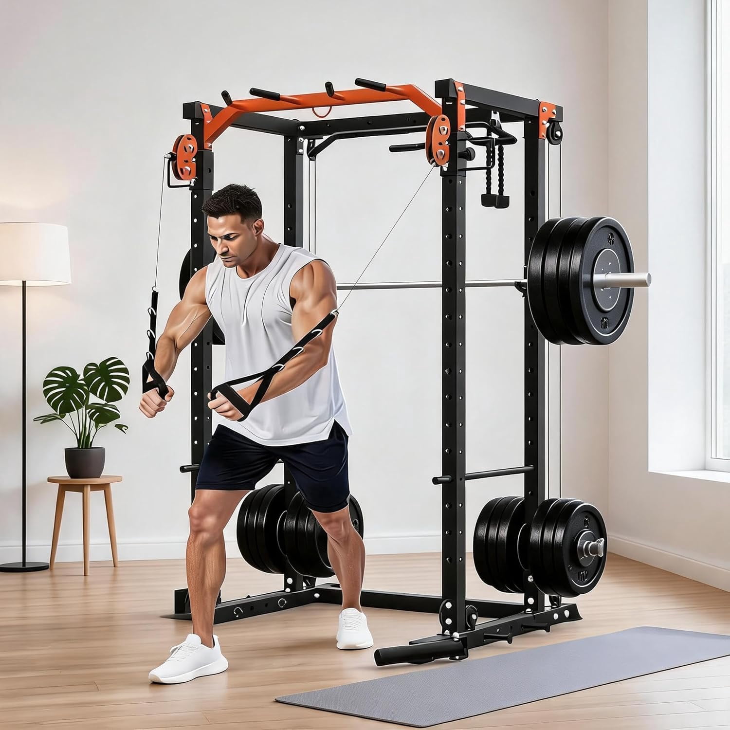 Memoryfield Power Cage with Cable Crossover System, 2000 lbs Capacity Power Rack with LAT Pulldown, Multi-Function Workout Cage with Pulley System for Strength Training, Orange