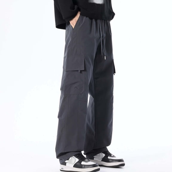 Mifsaly Wide Leg Cargo Pants Men Oversized Loose Casual Pant Drawstring Elastic Waist Baggy Hip Hop Streetwear Trousers with Multi Pockets M