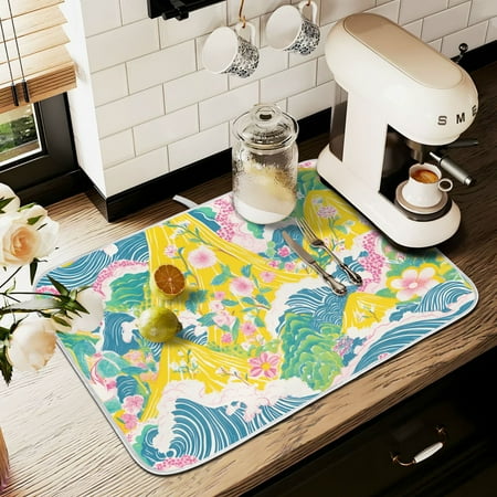 

Yayeee Drying Mat for Kitchen Counter Dishes Microfiber Coffee Decorative Pad Yellow Mountains